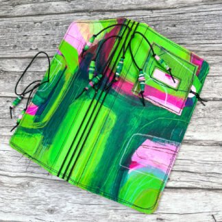 Handcrafted Travel Size Journal with Beads, Distressed Layers, Elastic Bound, Lime and Pink