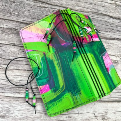 Handcrafted Travel Size Journal with Beads, Distressed Layers, Elastic Bound, Lime and Pink - Image 2