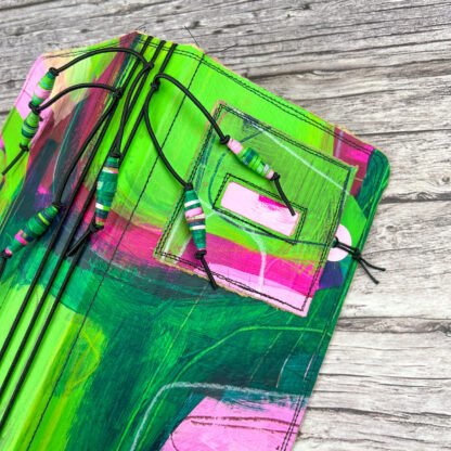 Handcrafted Travel Size Journal with Beads, Distressed Layers, Elastic Bound, Lime and Pink - Image 6