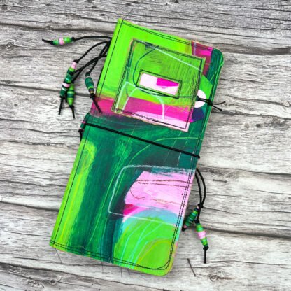 Handcrafted Travel Size Journal with Beads, Distressed Layers, Elastic Bound, Lime and Pink - Image 3