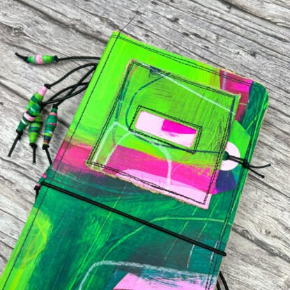 Handcrafted Travel Size Journal with Beads, Distressed Layers, Elastic Bound, Lime and Pink - Image 4