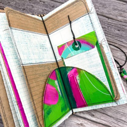 Handcrafted Travel Size Journal with Beads, Distressed Layers, Elastic Bound, Lime and Pink - Image 8