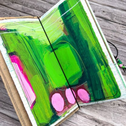 Handcrafted Travel Size Journal with Beads, Distressed Layers, Elastic Bound, Lime and Pink - Image 7