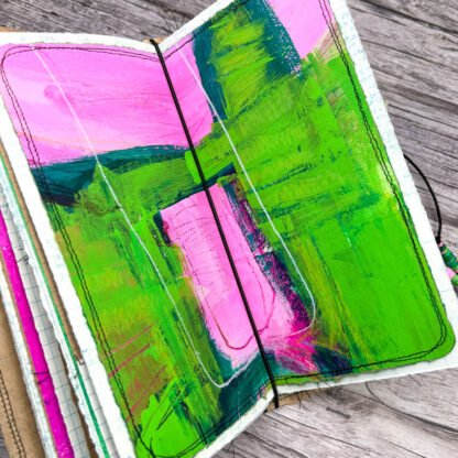 Handcrafted Travel Size Journal with Beads, Distressed Layers, Elastic Bound, Lime and Pink - Image 5