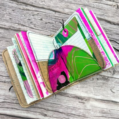 Handcrafted Pocket Sized Art Journal, Distressed Layers, Lime and Hot Pink - Image 9