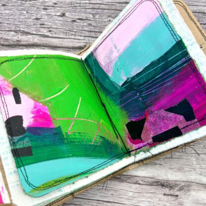 Handcrafted Pocket Sized Art Journal, Distressed Layers, Lime and Hot Pink - Image 4