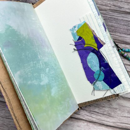 Handcrafted Travel Size Journal with Beads, Distressed Layers, Elastic Bound, Purple and Teal - Image 11