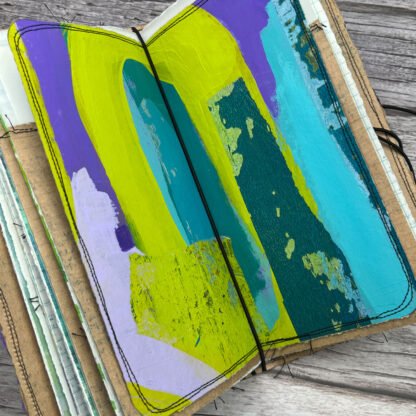 Handcrafted Travel Size Journal with Beads, Distressed Layers, Elastic Bound, Purple and Teal - Image 7