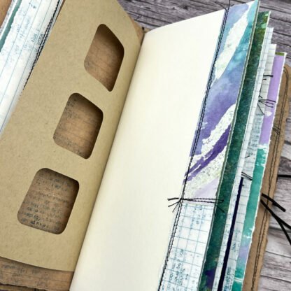 Handcrafted Travel Size Journal with Beads, Distressed Layers, Elastic Bound, Purple and Teal - Image 6