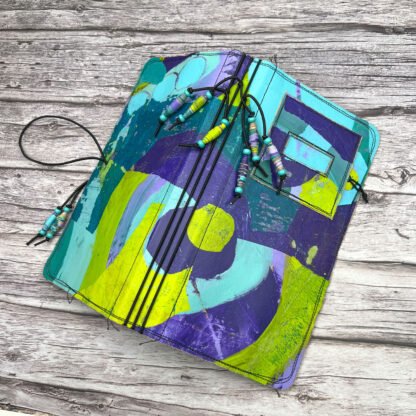 Handcrafted Travel Size Journal with Beads, Distressed Layers, Elastic Bound, Purple and Teal - Image 5