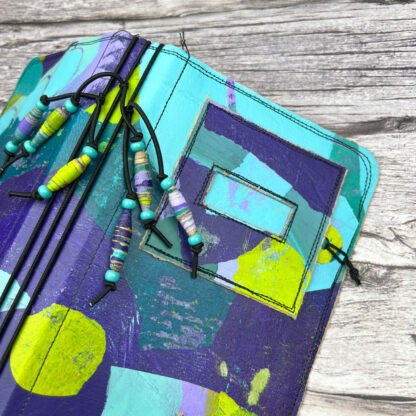 Handcrafted Travel Size Journal with Beads, Distressed Layers, Elastic Bound, Purple and Teal - Image 4