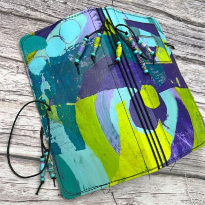 Handcrafted Travel Size Journal with Beads, Distressed Layers, Elastic Bound, Purple and Teal - Image 3