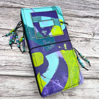 Handcrafted Travel Size Journal with Beads, Distressed Layers, Elastic Bound, Purple and Teal - Image 2