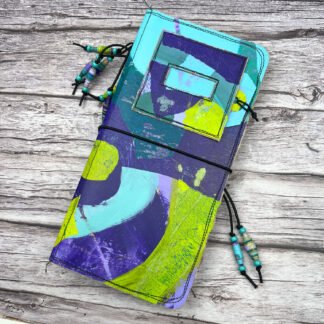 Handcrafted Travel Size Journal with Beads, Distressed Layers, Elastic Bound, Purple and Teal