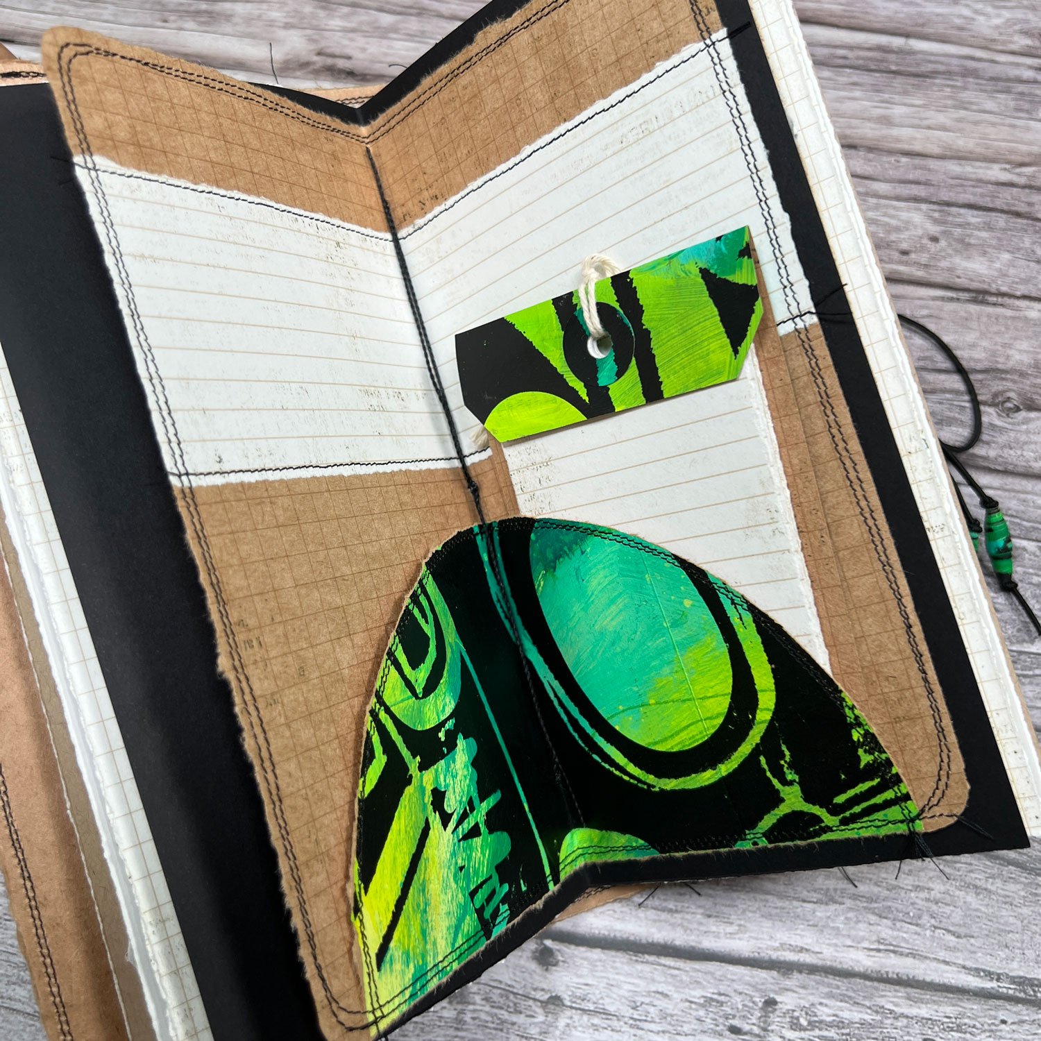 Handcrafted Travel Size Journal, Distressed Layers, Stitch Bound, Lime-Black - Image 6
