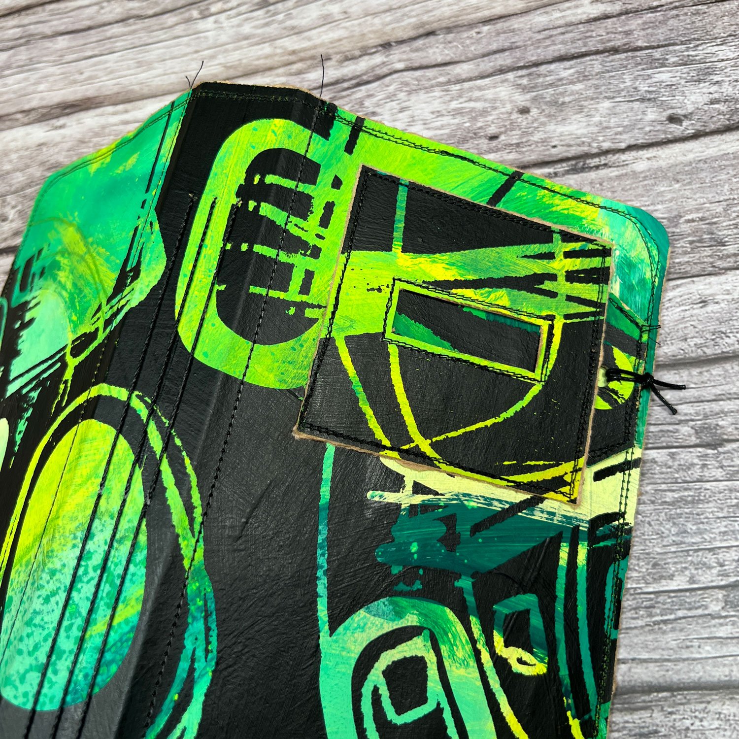 Handcrafted Travel Size Journal, Distressed Layers, Stitch Bound, Lime-Black - Image 3