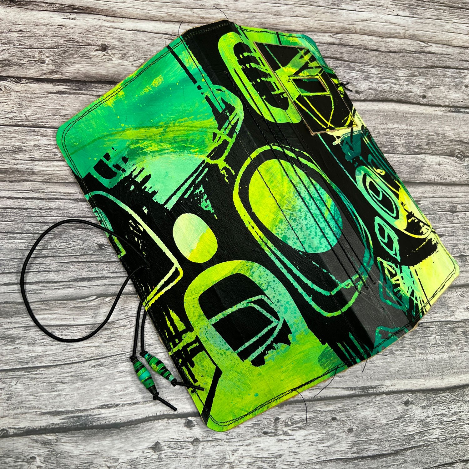 Handcrafted Travel Size Journal, Distressed Layers, Stitch Bound, Lime-Black - Image 4