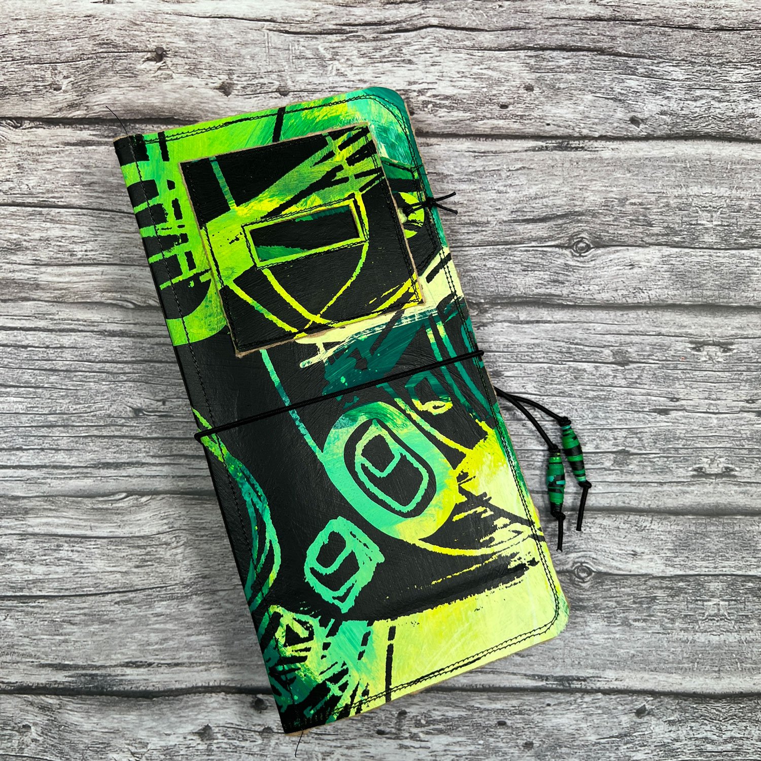 Handcrafted Travel Size Journal, Distressed Layers, Stitch Bound, Lime-Black - Image 2