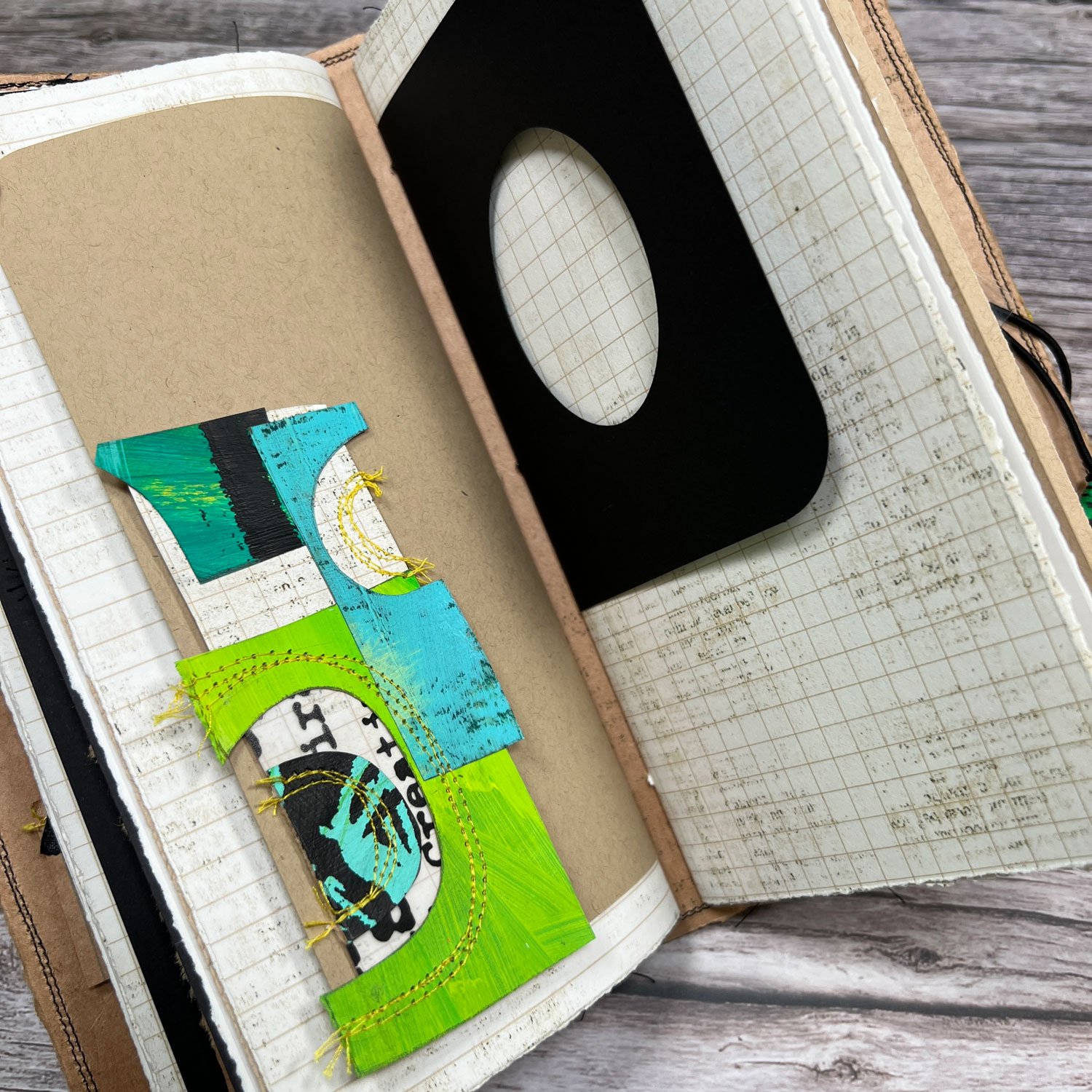 Handcrafted Travel Size Journal, Distressed Layers, Stitch Bound, Lime-Black - Image 7
