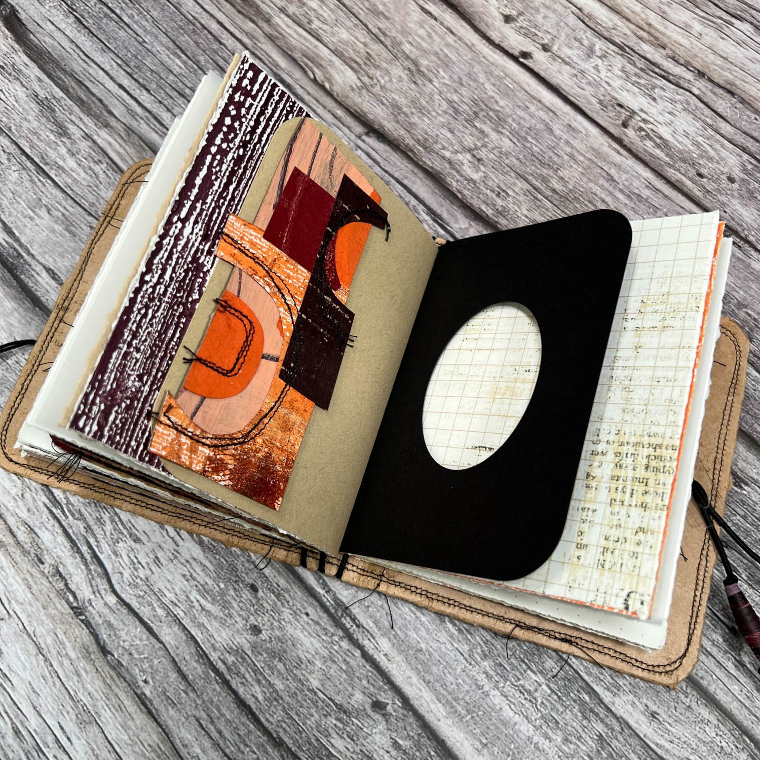 Handcrafted Pocket Sized Art Journal, Elastic Bound, Distressed Layers, Pumpkin and Plum - Image 7