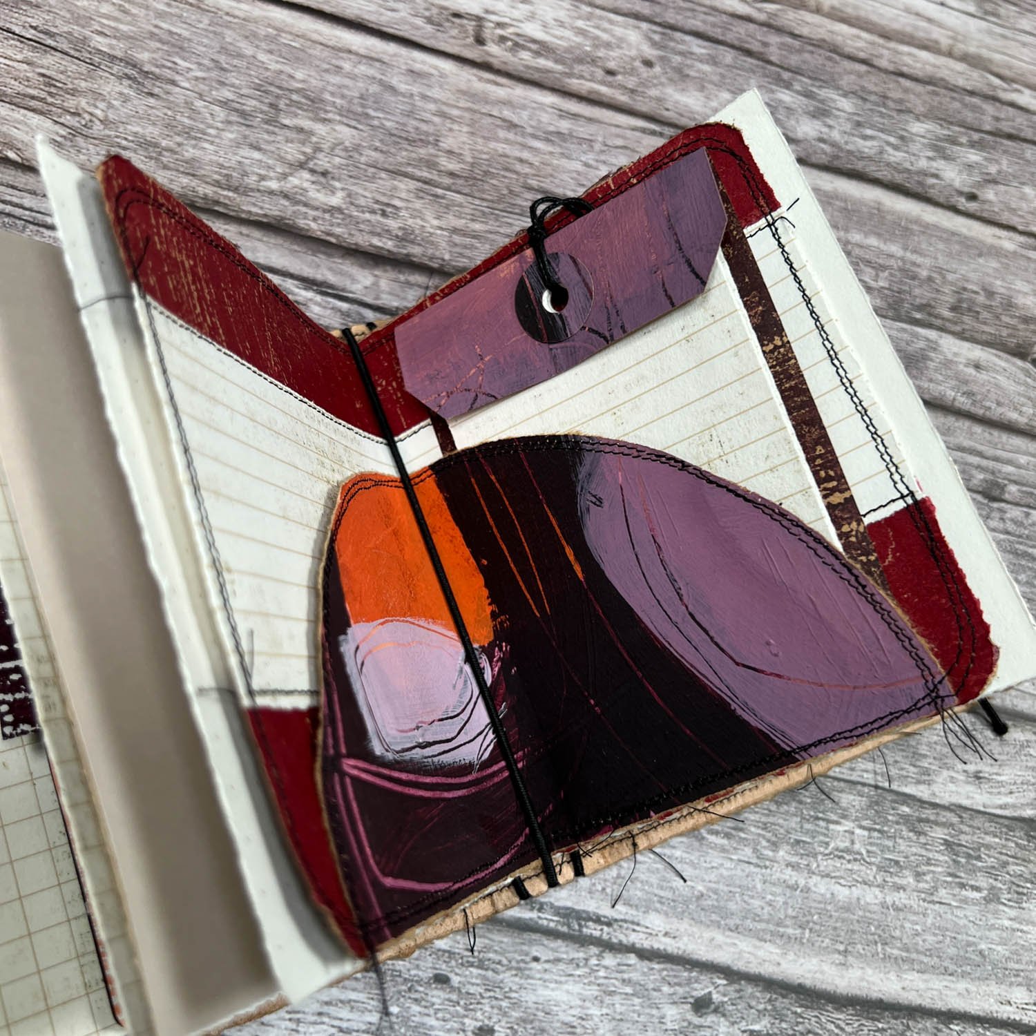 Handcrafted Pocket Sized Art Journal, Elastic Bound, Distressed Layers, Pumpkin and Plum - Image 11