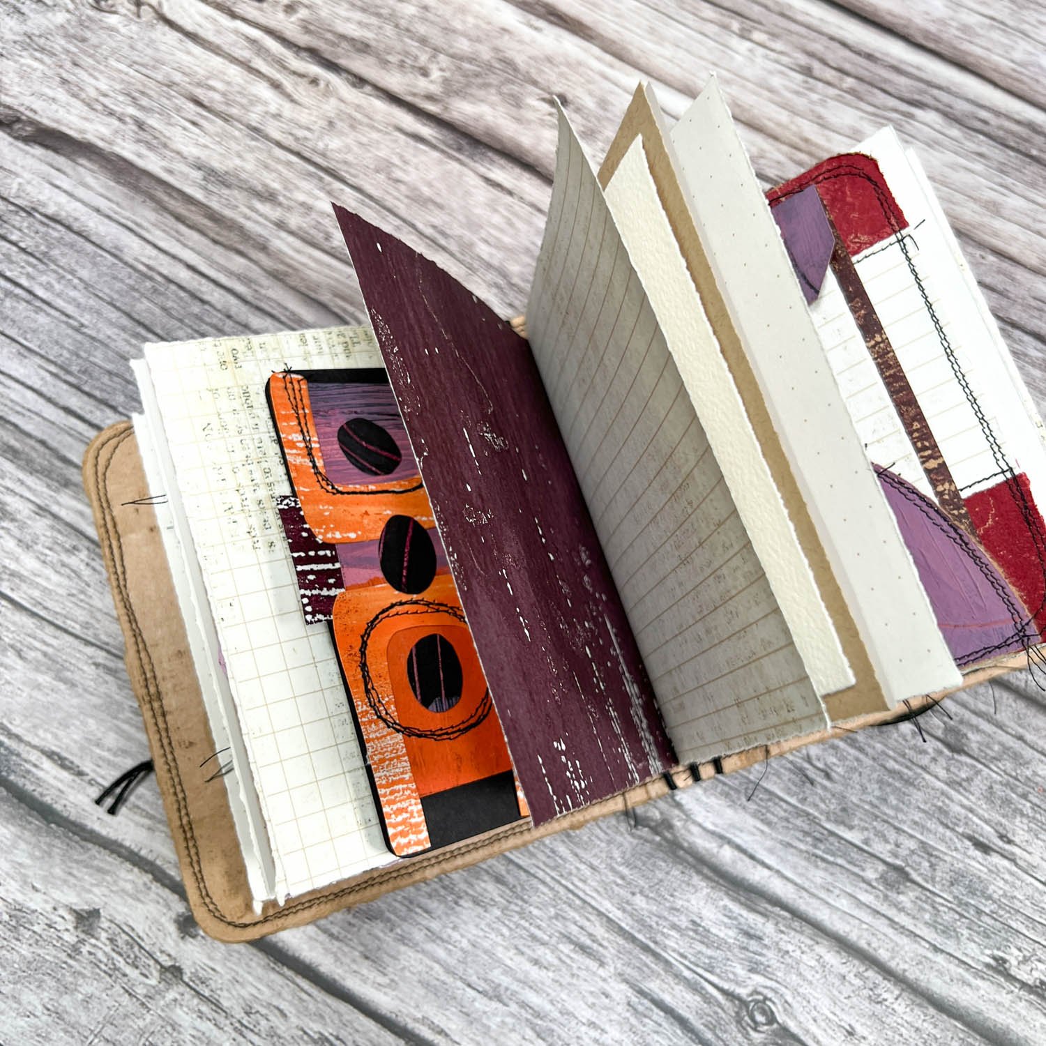 Handcrafted Pocket Sized Art Journal, Elastic Bound, Distressed Layers, Pumpkin and Plum - Image 8