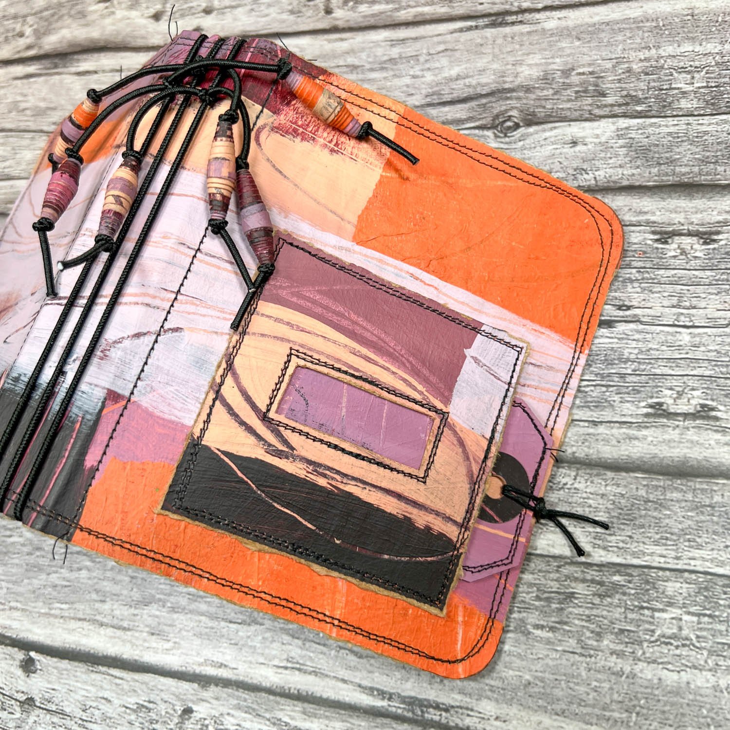 Handcrafted Pocket Sized Art Journal, Elastic Bound, Distressed Layers, Pumpkin and Plum - Image 2