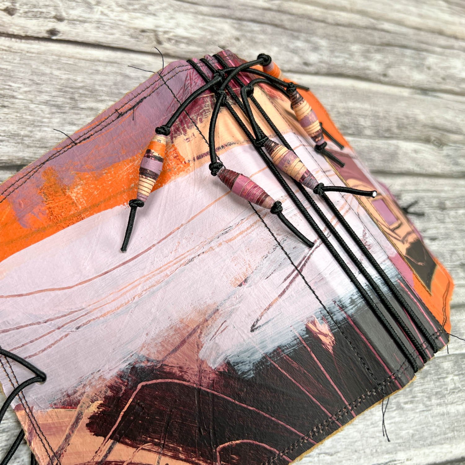 Handcrafted Pocket Sized Art Journal, Elastic Bound, Distressed Layers, Pumpkin and Plum - Image 5