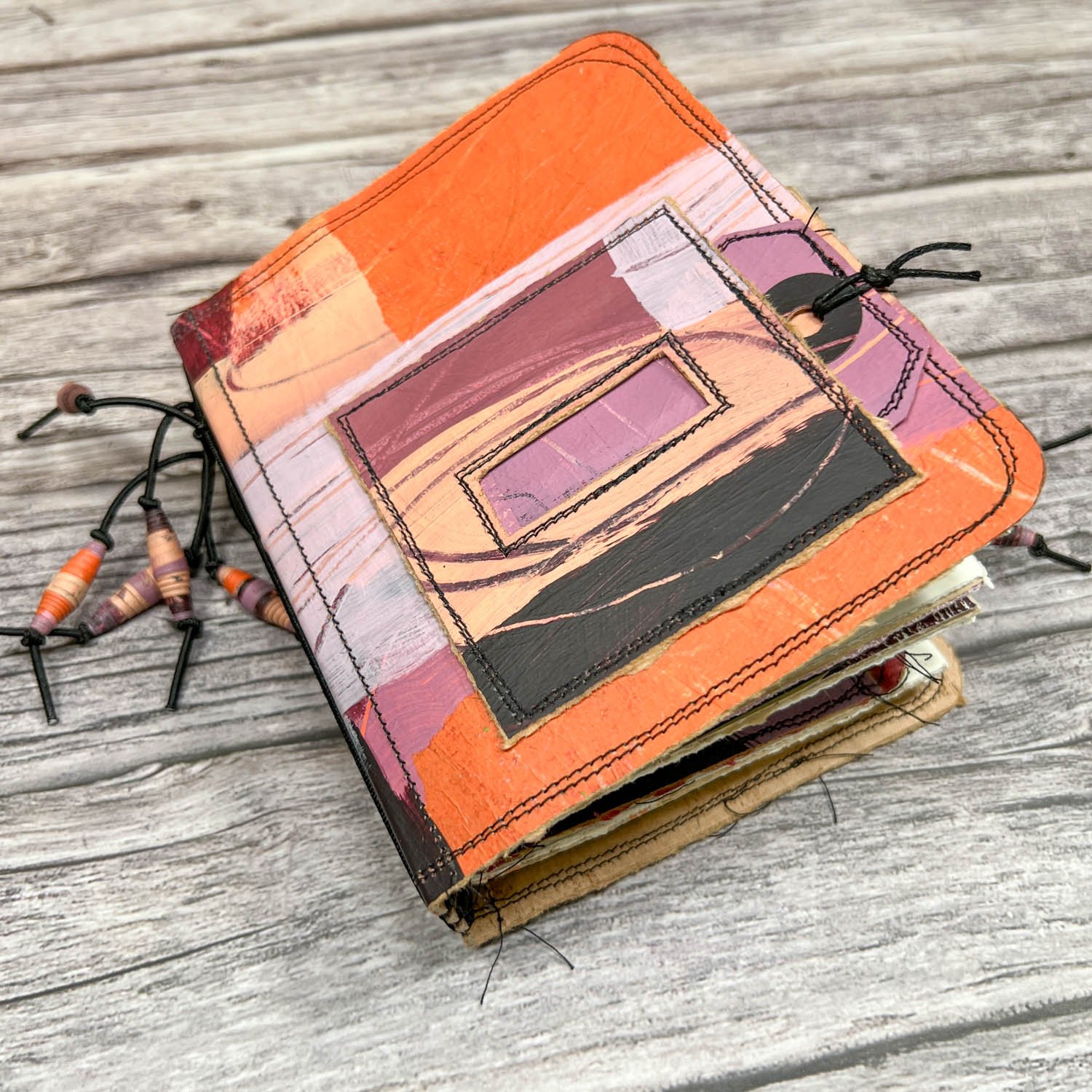 Handcrafted Pocket Sized Art Journal, Elastic Bound, Distressed Layers, Pumpkin and Plum - Image 6