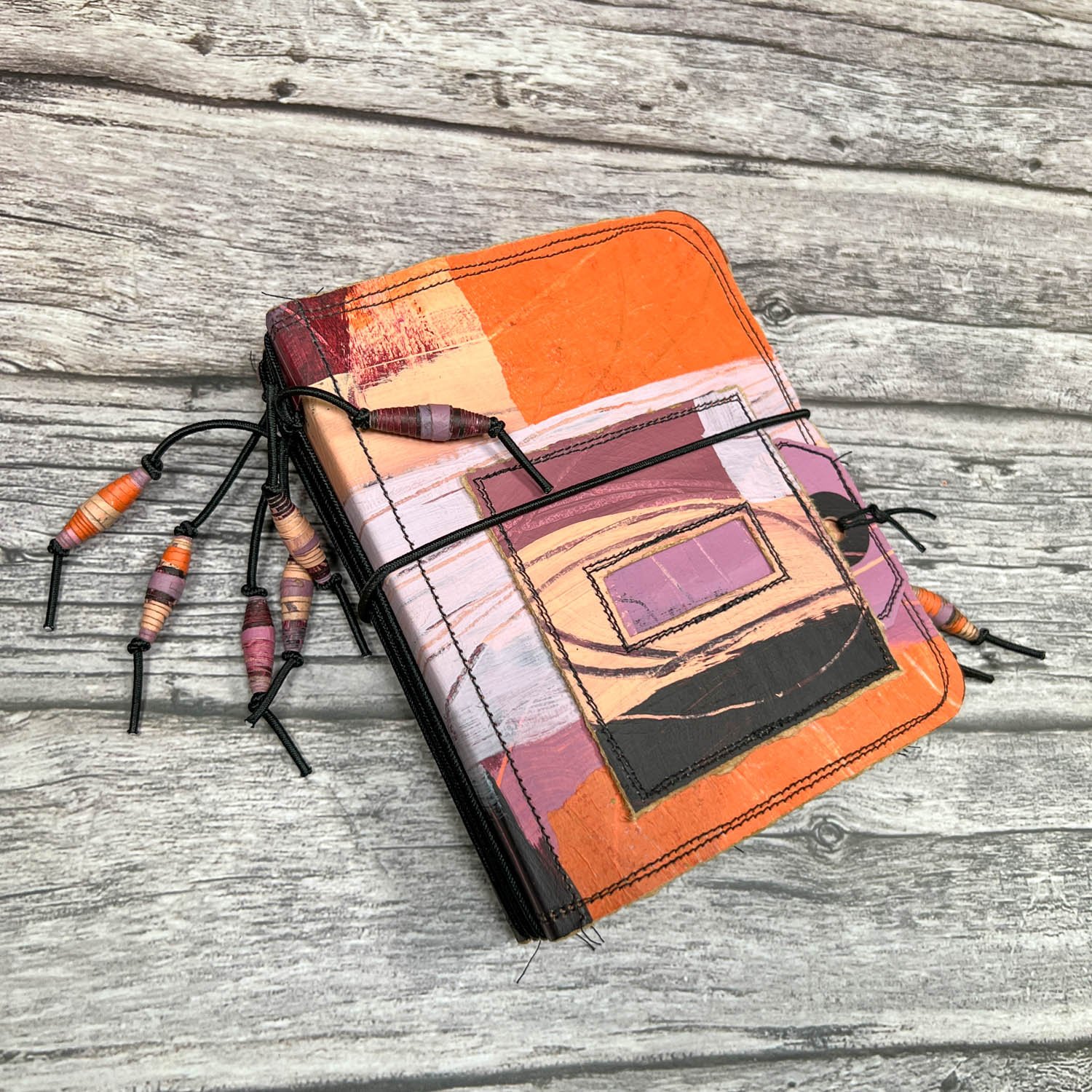 Handcrafted Pocket Sized Art Journal, Elastic Bound, Distressed Layers, Pumpkin and Plum - Image 4