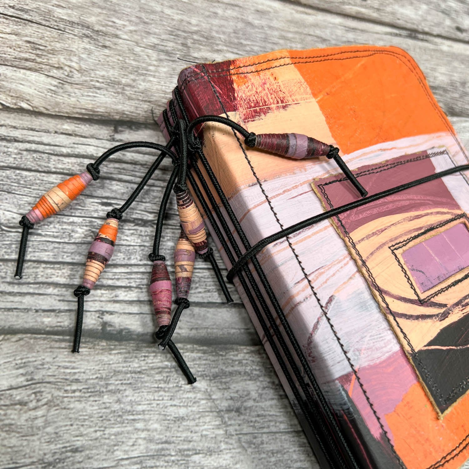 Handcrafted Pocket Sized Art Journal, Elastic Bound, Distressed Layers, Pumpkin and Plum - Image 3